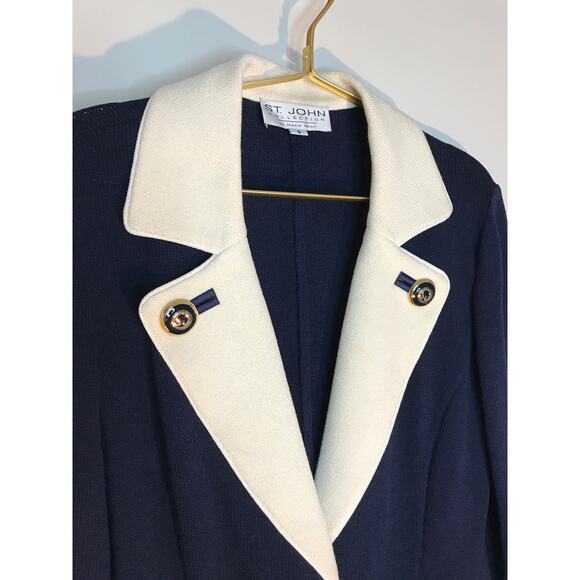 St. John Collection Santana Knit Colorblock Blazer 8 Navy Blue Ivory - Picture 3 of 13